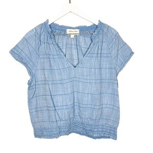 Cloth & Stone Womens Blue Stripe Cotton Popover Blouse Size Large Smocked Hem
